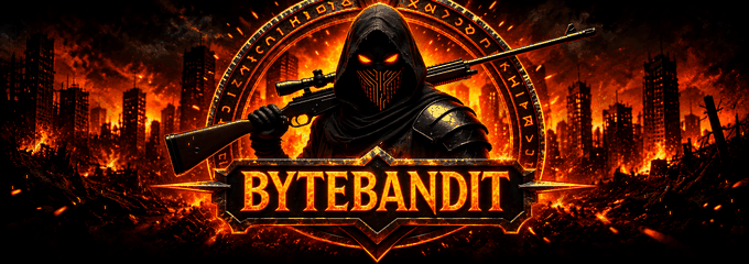 ByteBandit Banner: maskierter Krieger vor einer brennenden Stadt