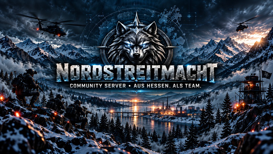 Nordstreitmacht: Wolfswappen über verschneiten Bergen mit Soldaten und Hubschraubern